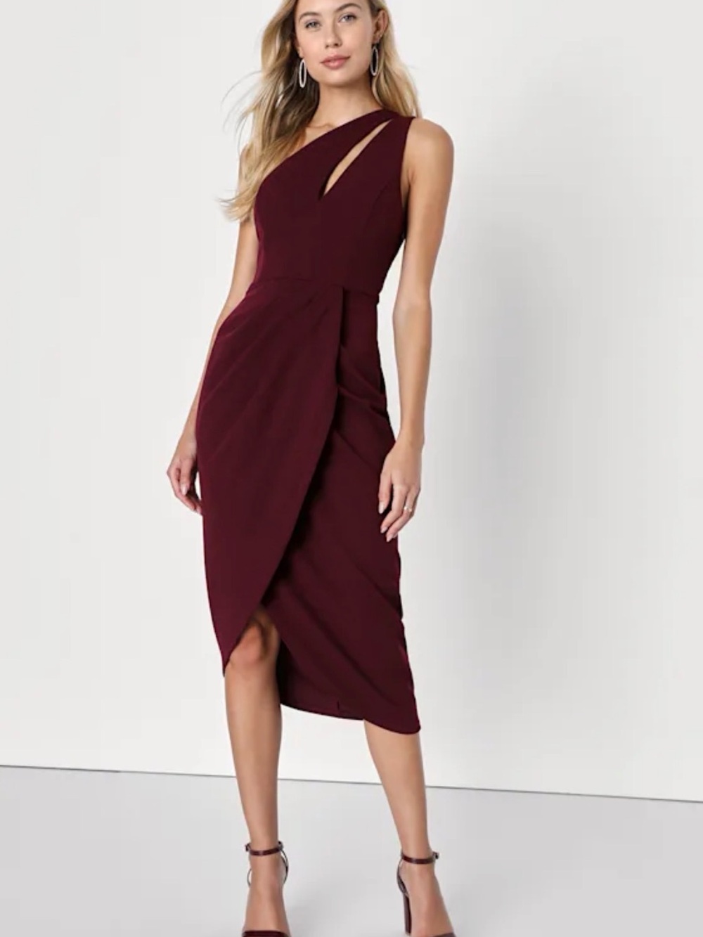 Sleeveless Asymmetrical Burgundy Midi Dress